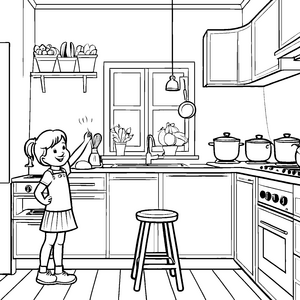 Das kleine Mädchen kocht unter der Dunstabzugshaube – Ausmalbild fuer kleine Entdecker
