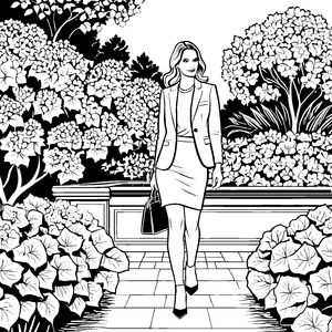 Blumenlandschaft mit Frau im Damenblazer zum Ausmalen