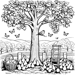 Der große Birnenbaum mit Korb und Leiter – Ausmalbild fuer kleine Entdecker