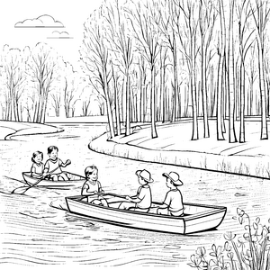 Abenteuer mit Tretbooten am Waldfluss malen