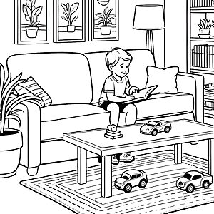 Der Junge liest auf dem Sofa am Couchtisch: Ausmalbild fuer kleine Entdecker
