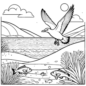 Die fliegende Möwe über dem Meer mit Fischen - Ausmalbild fuer kleine Entdecker