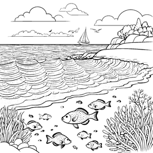 Möwen über dem Meer mit Segelboot und Fischen – Ausmalbild fuer kleine Entdecker