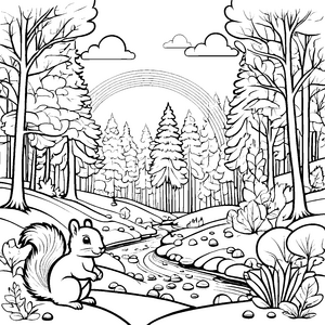 Regenbogen im Wald mit Eichhörnchen am Bachufer zum Ausmalen