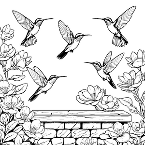 Kolibris zwischen Blüten und Steinbank zum Ausmalspaß