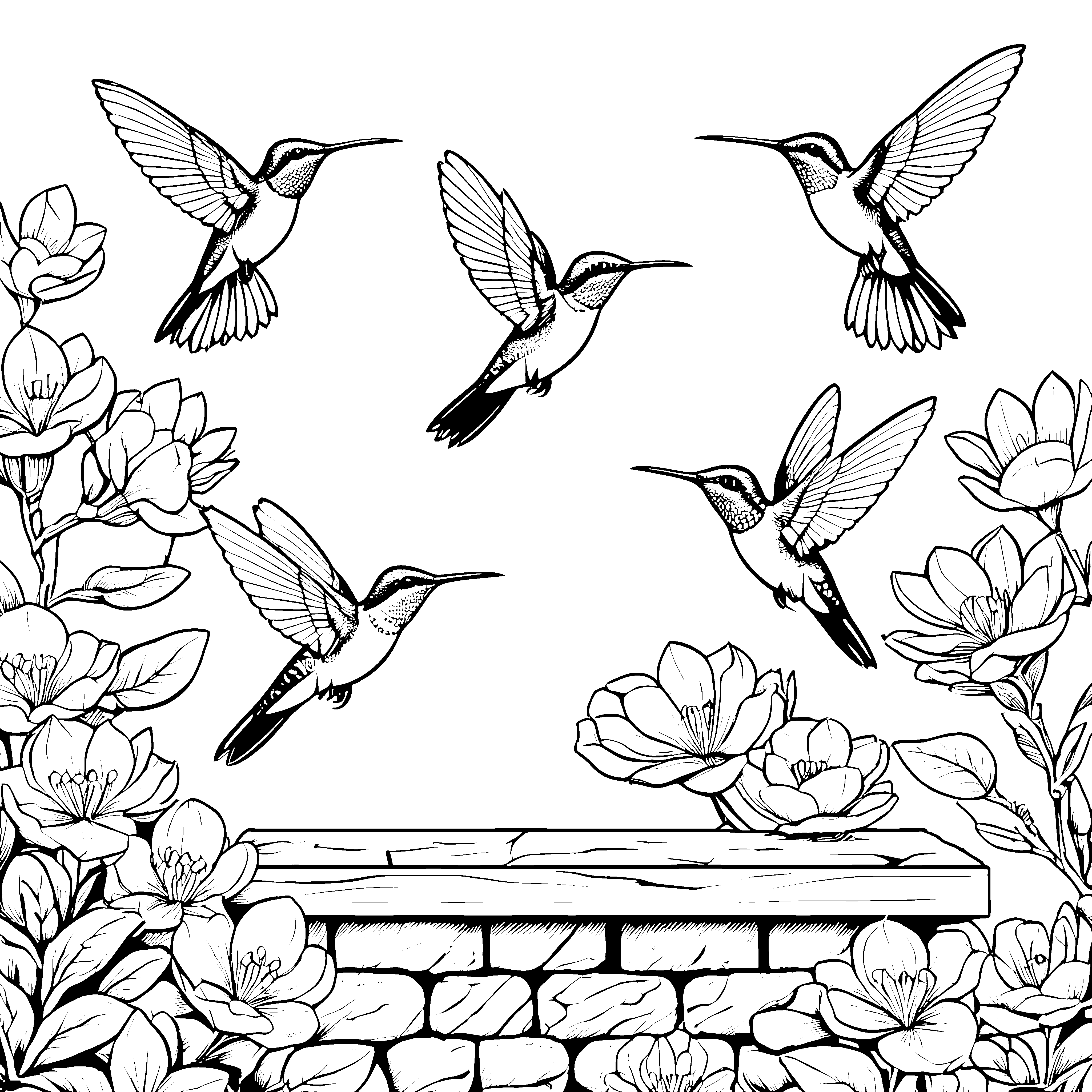 Kolibris zwischen Blüten und Steinbank zum Ausmalspaß