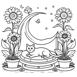 Katzenbett unter Sonnenblumen und dem Mond zum Ausmalen für Kinder