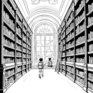 Zwei Kinder in der großen Bibliothek mit Leiter – Ausmalbild fuer kleine Entdecker