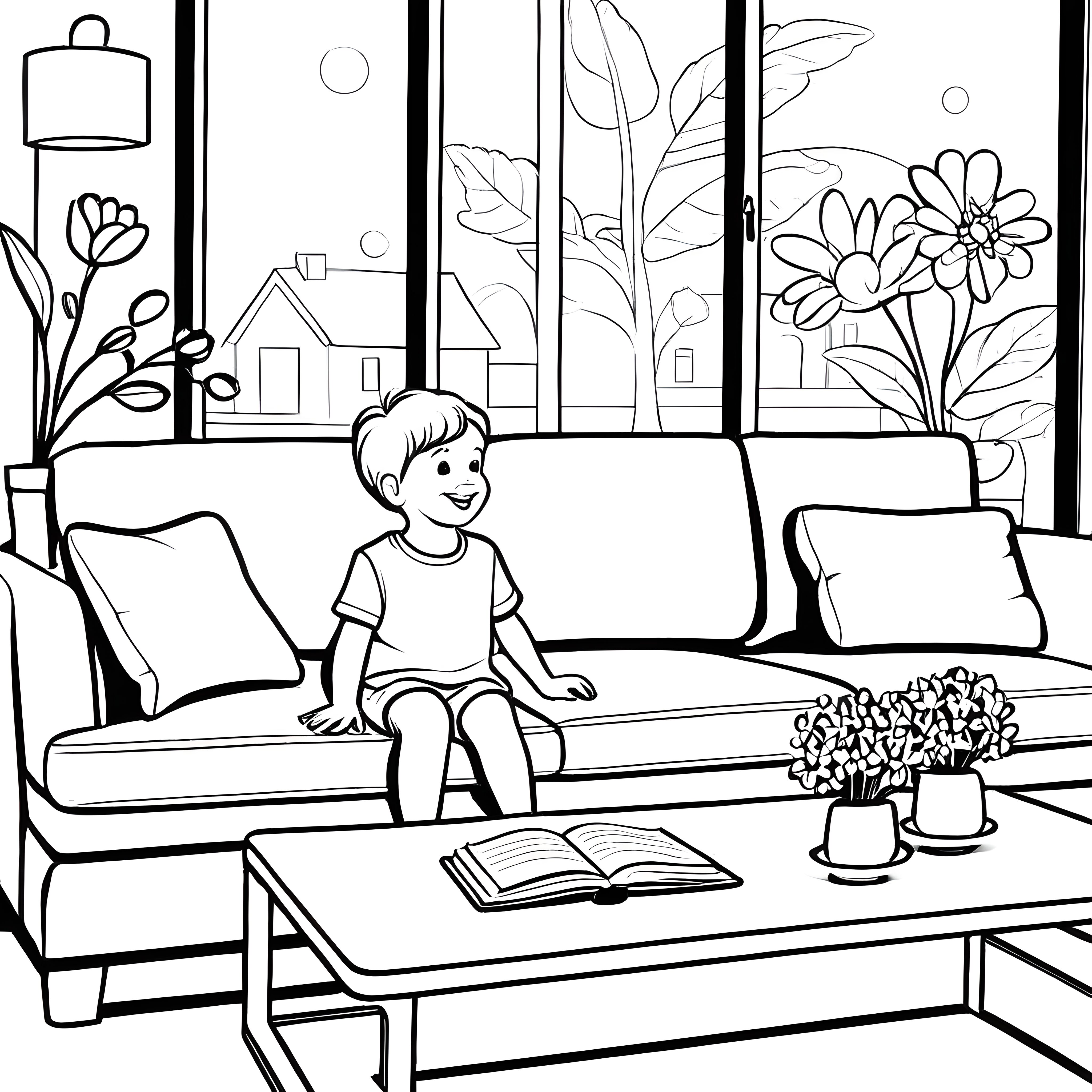Der Junge liest ein Buch auf dem Couchtisch - Ausmalbild fuer kleine Entdecker