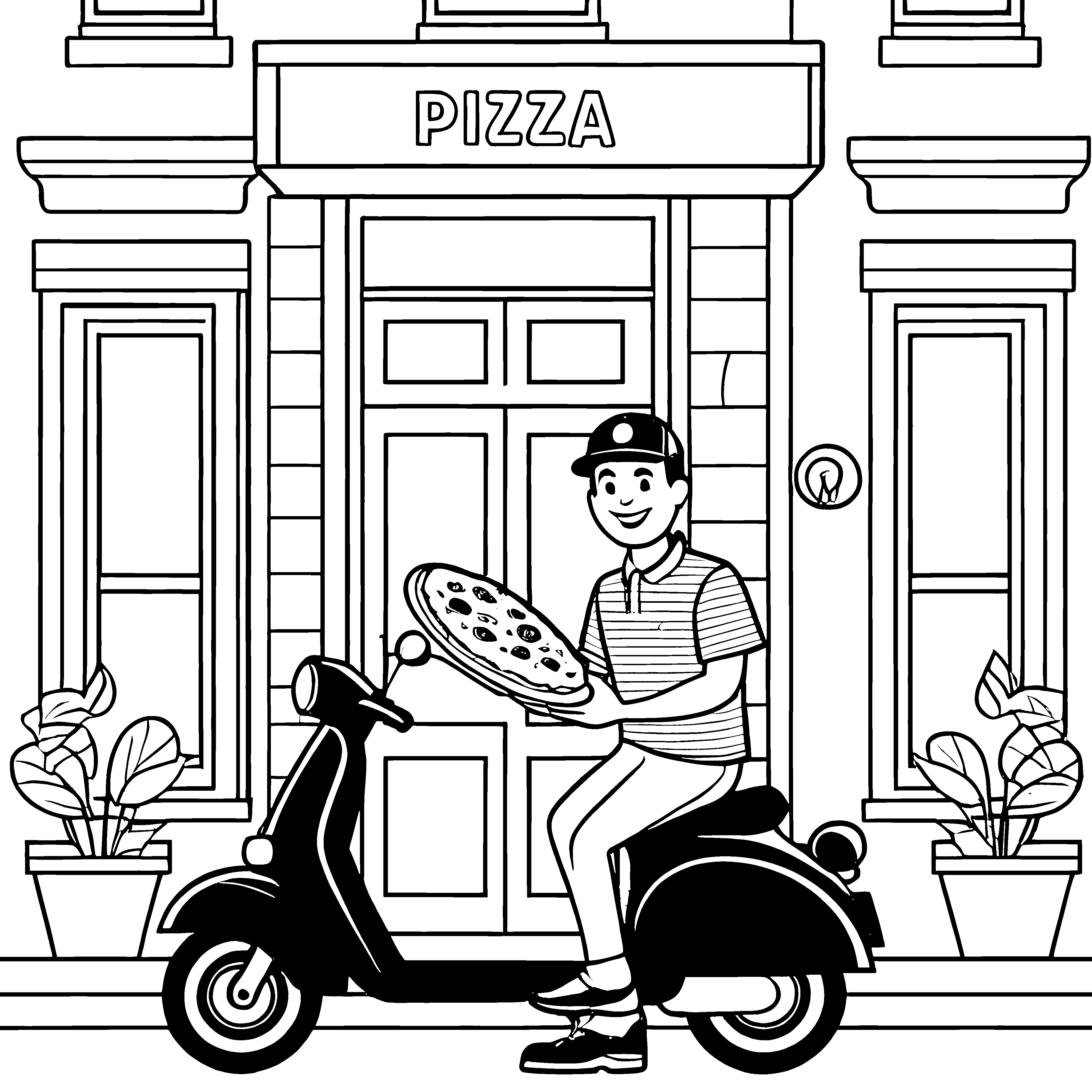 Der Pizzabote auf dem Roller mit der Pizza vor dem Laden