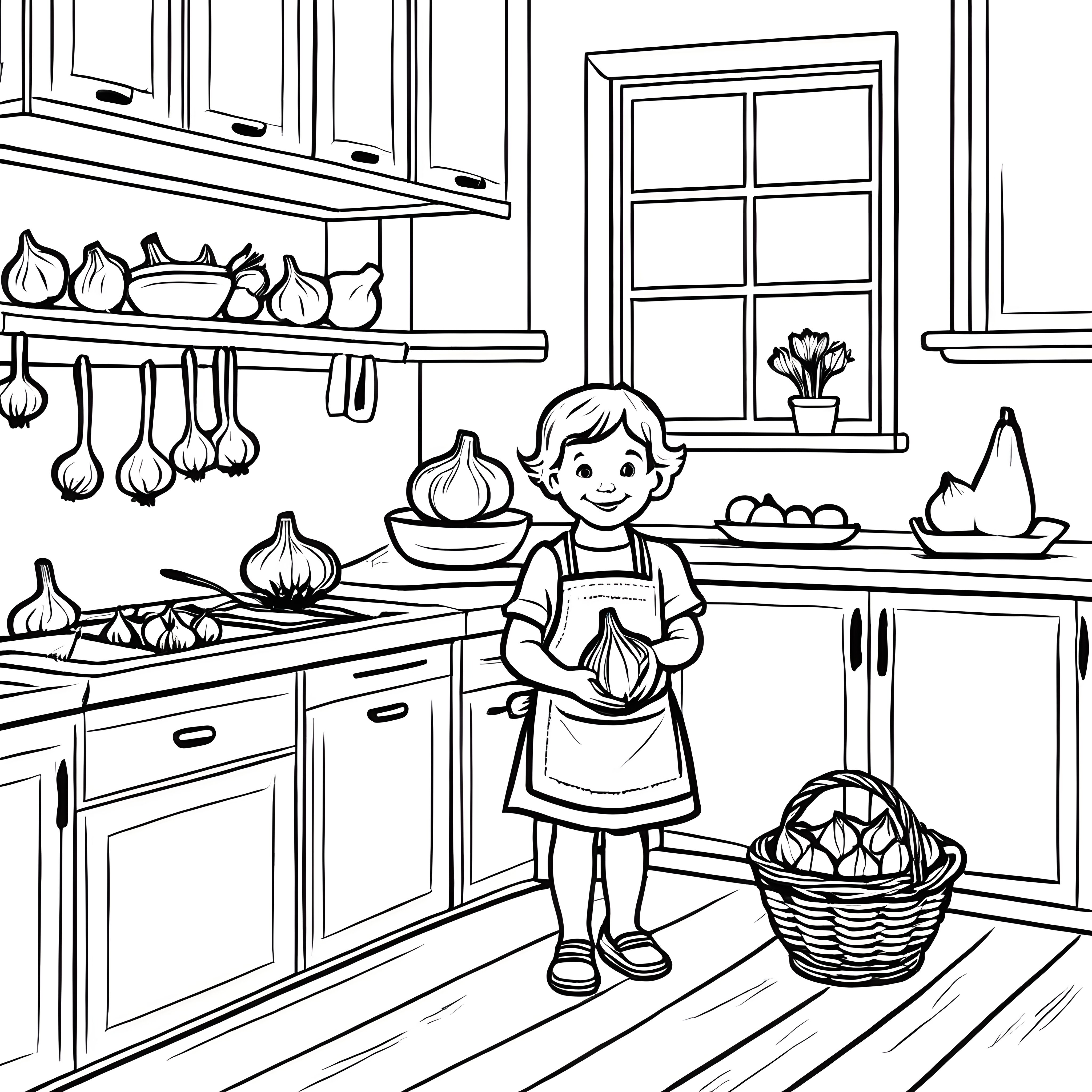 Das kleine Kind mit der Knoblauchknolle in der Küche - Ausmalbild fuer kleine Entdecker