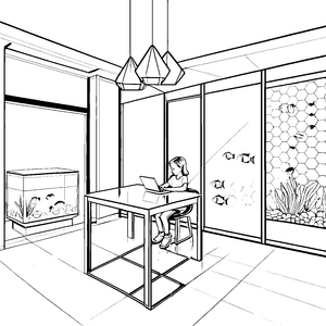 Malen: Futuristische Tische im modernen Wohnzimmer mit Aquarien
