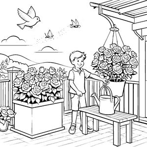 Der Junge und die Blumenkübel im Garten zum Ausmalen