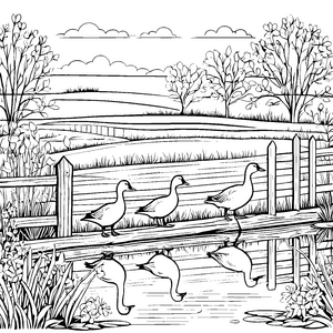 Gänse im Teich: Ein ländliches Ausmalbild für Kinder