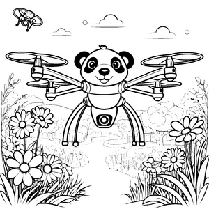 Die fliegende Panda-Drohne über der Blumenwiese Ausmalbild fuer kleine Entdecker