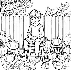 Kind im Garten mit vielen Kürbissen und Herbstblättern Ausmalbild fuer kleine Entdecker