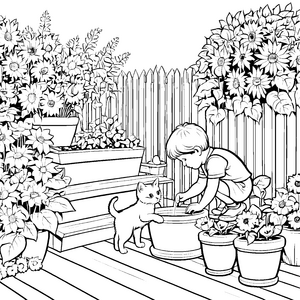 Malen: Der Garten voller bunter Blumenkübel für Kinder