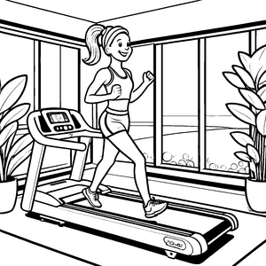 Sportlich fit auf dem Laufband im Fitnessraum Ausmalbild fuer kleine Entdecker