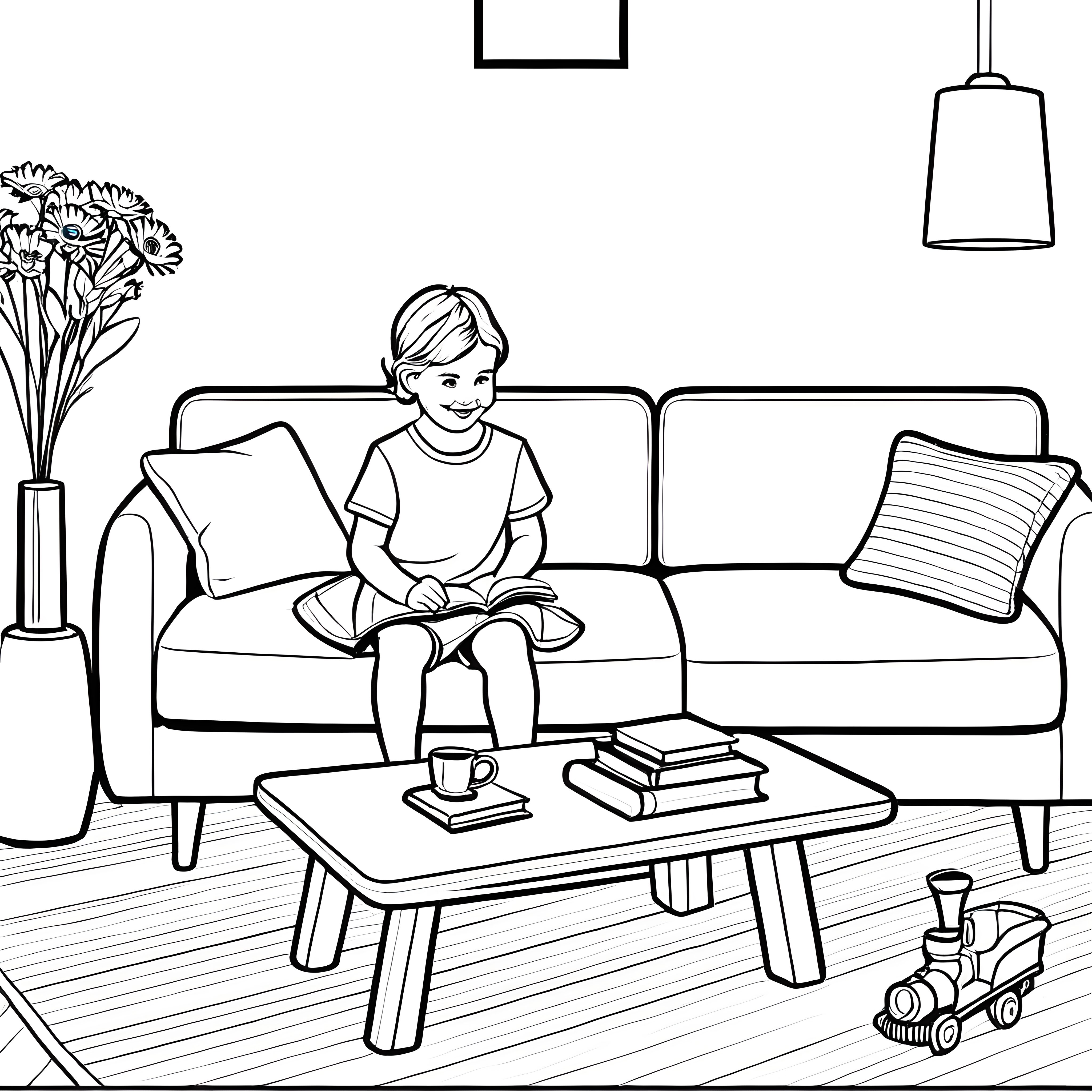 Ein gemütlicher Couchtisch mit Büchern und einer Tasse - Ausmalbild fuer kleine Entdecker