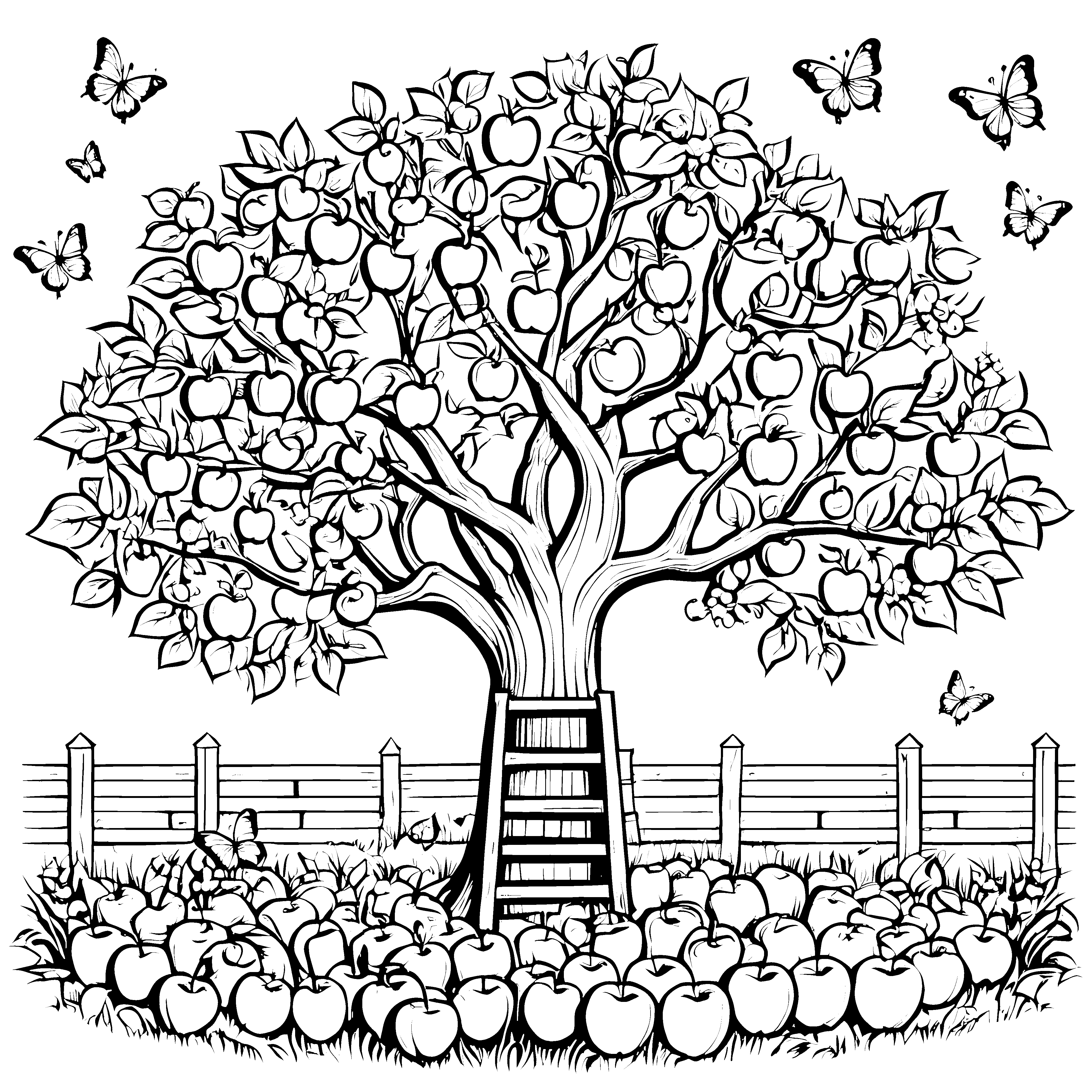 Der große Apfelbaum mit Leiter und Schmetterlingen Ausmalbild fuer kleine Entdecker