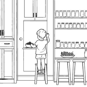 Kinder malen Küchenschränke mit Gläsern und Kräutern