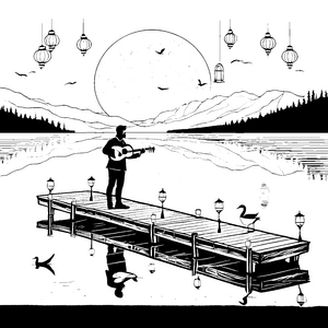 Der Bard spielt auf dem Steg bei Sonnenuntergang