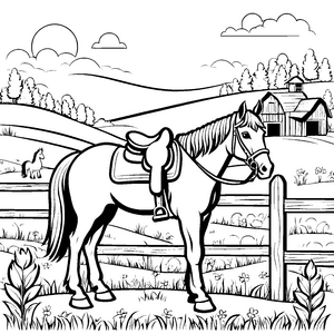 Pferd mit Sattel vor dem ländlichen Zaun zum Ausmalspaß