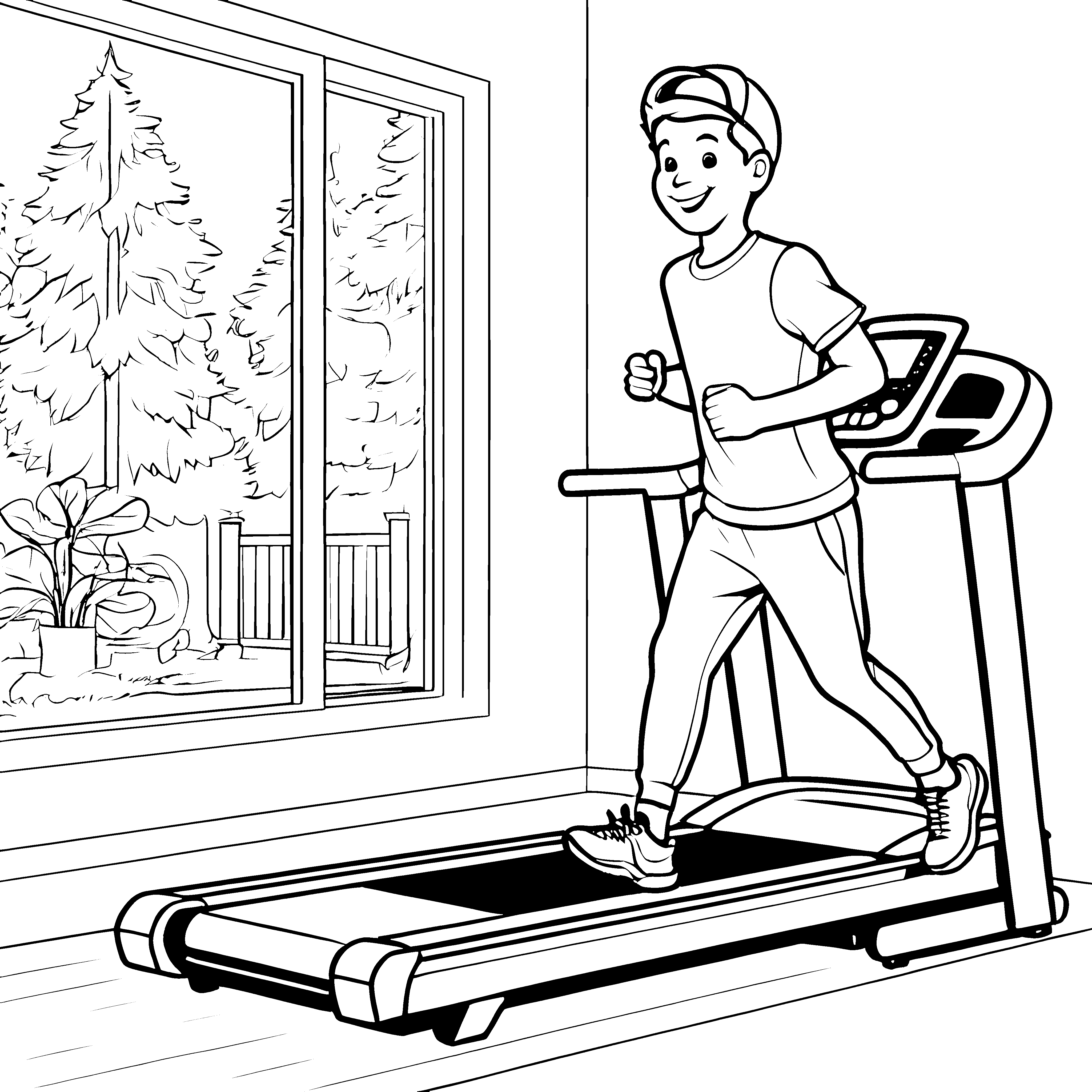 Der Junge trainiert fleißig auf dem Laufband - Ausmalbild fuer kleine Entdecker