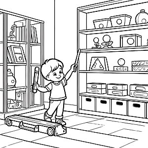 Der kleine Junge in der Werkstatt mit den Wasserwaagen Ausmalbild fuer kleine Entdecker