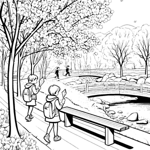 Kinder spazieren durch den Park mit blühenden Bäumen