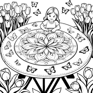 Mandala mit Tulpen, Schmetterlingen und Blumen zum Ausmalen für Kinder