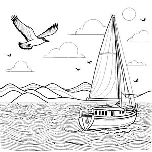 Möwen und ein Segelboot auf dem weiten Meer - Ausmalbild fuer kleine Entdecker