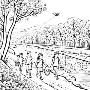 Kinder sammeln Körbe beim Spaziergang durch die Natur