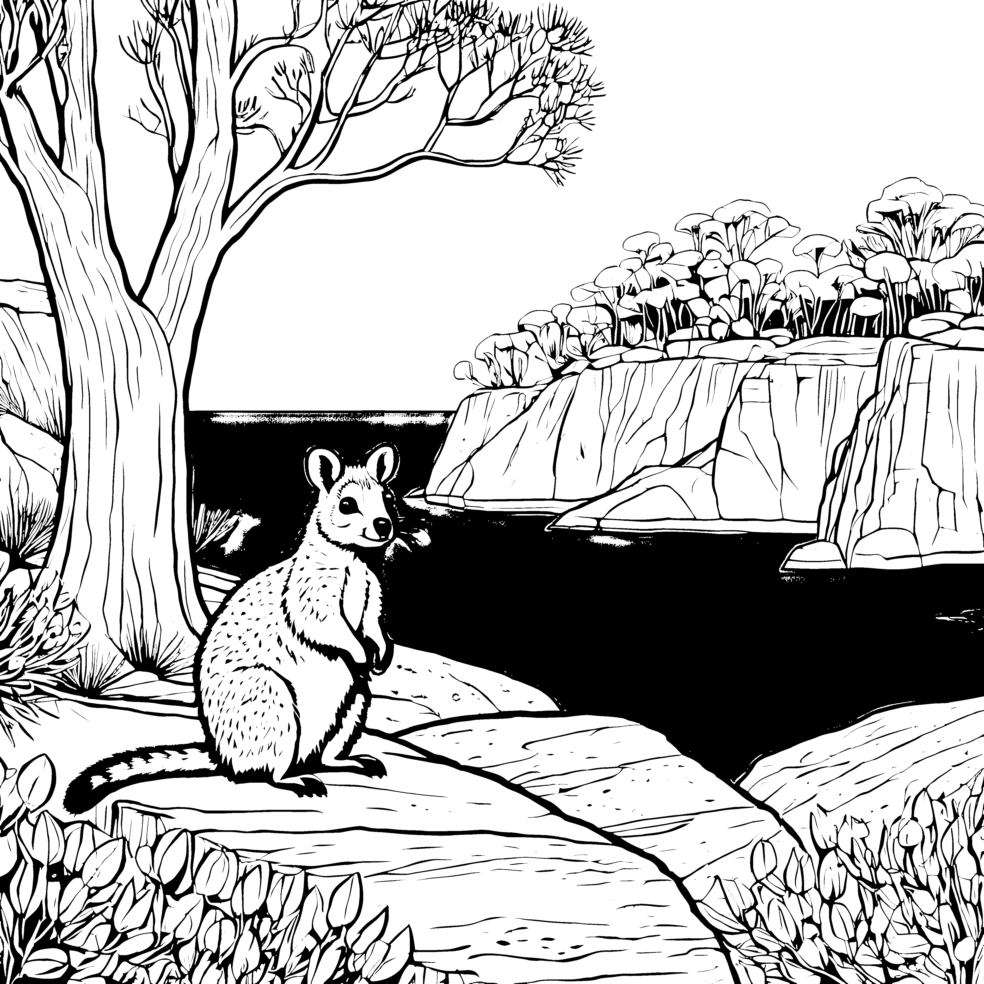 Quokka am Wasser: Ein Ausmalspaß mit Wald und Klippen