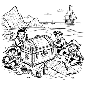 Piratenschatzkiste, Landkarte und das große Piratenschiff zum Ausmalen