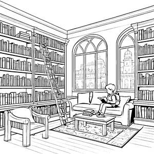 Lesestunde in der großen Bibliothek mit Leiter und Sofa Ausmalbild fuer kleine Entdecker