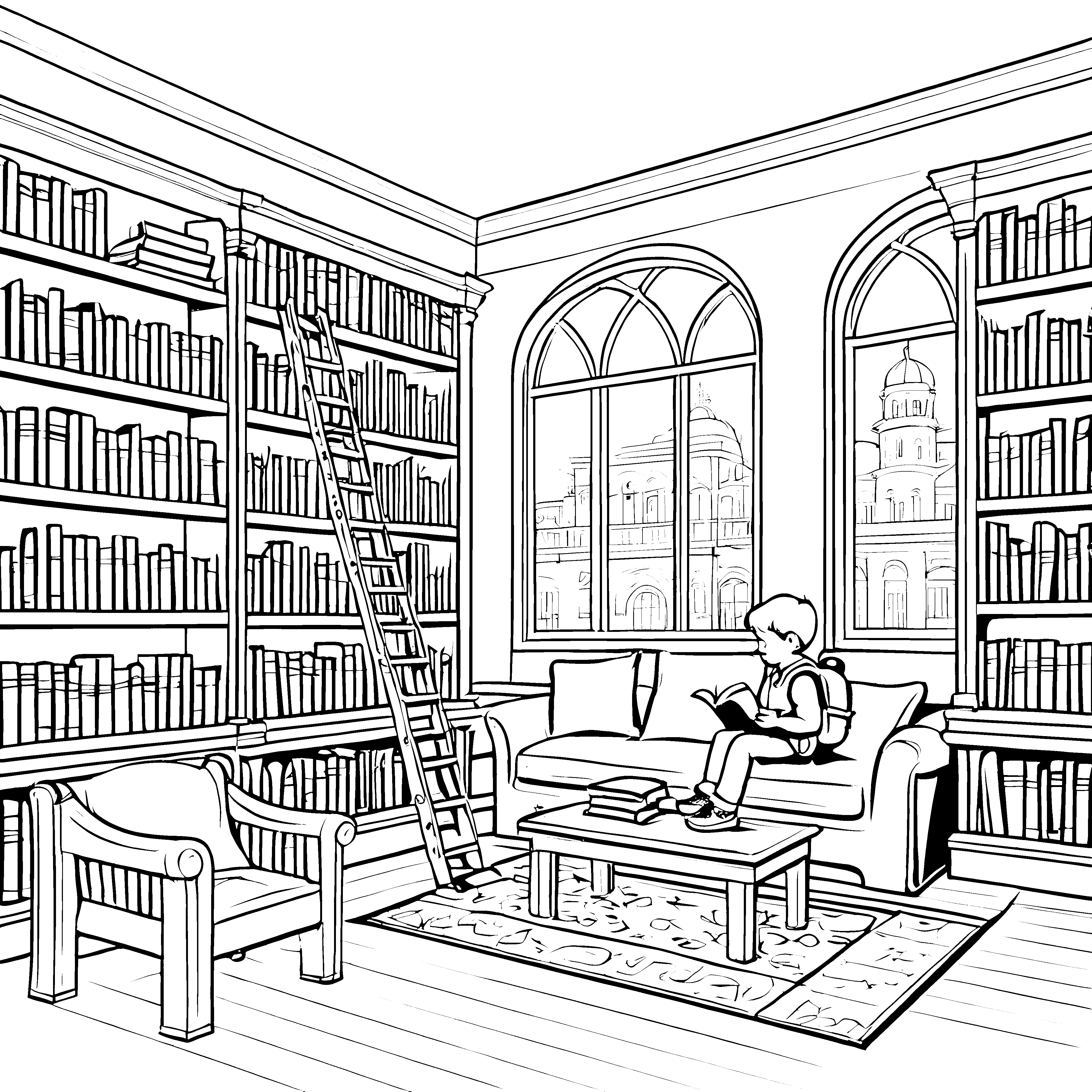 Lesestunde in der großen Bibliothek mit Leiter und Sofa Ausmalbild fuer kleine Entdecker