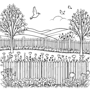 Zaunidylle: Blumen, Bäume und hübsche Vögel zum Ausmalen