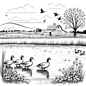 Gänse am Teich: Ein ländlicher Hof zum Ausmalen für Kinder