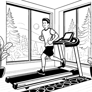 Sportlich auf dem Laufband vor verschneiten Tannen – Ausmalbild fuer kleine Tierfreunde