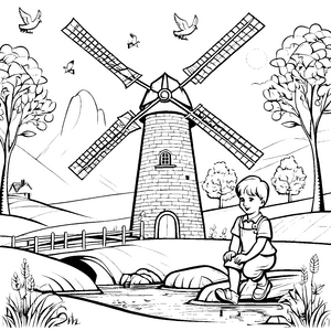 Die Windmühlen am Wasser in der idyllischen Landschaft