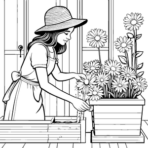 Die Gärtnerin und ihre bunten Blumenkübel zum Ausmalen
