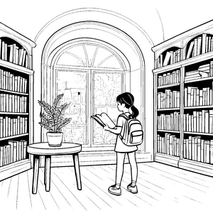 Ein Mädchen liest ein Buch in der großen Bibliothek - Ausmalbild fuer kleine Entdecker