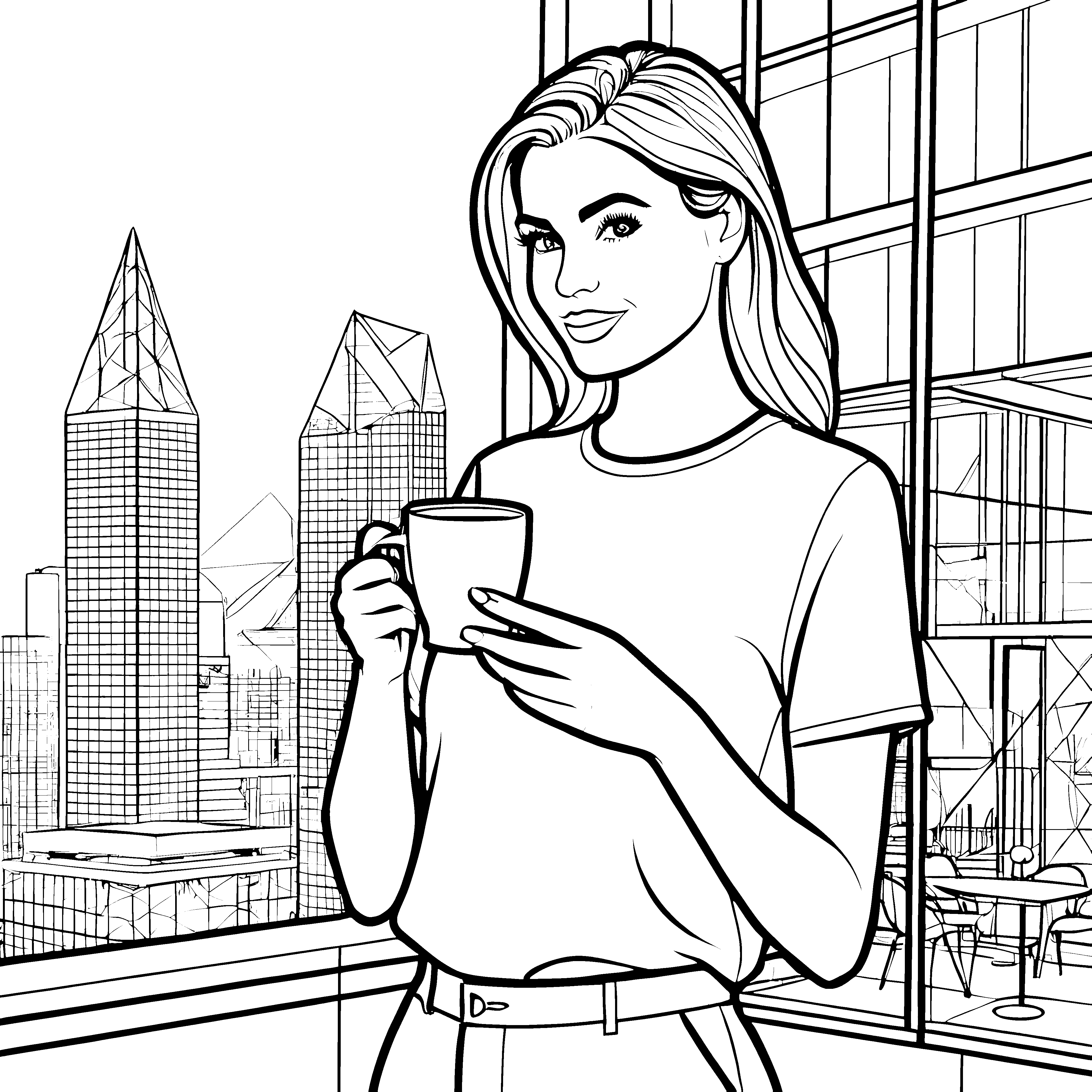 Malerisches Damen-T-Shirt mit Kaffee und Stadtpanorama zum Ausmalen