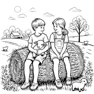 Kinder auf dem Heuballen mit ihren kleinen Lämmern