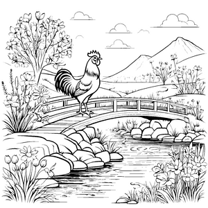 Der Hahn auf der Brücke über den Bach malen zum Ausmalspaß