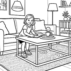 Das Kind liest gemütlich am Couchtisch - Ausmalbild fuer kleine Entdecker