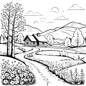 Idyllisches Tal: Ein Ausmalbild mit Hügeln und Häusern