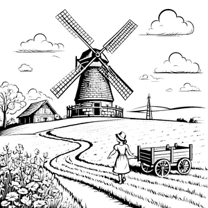 Die Windmühle auf der Wiese mit Blumenweg zum Ausmalen