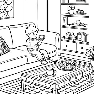 Der Junge mit dem Couchtisch und den Keksen - Ausmalbild fuer kleine Entdecker